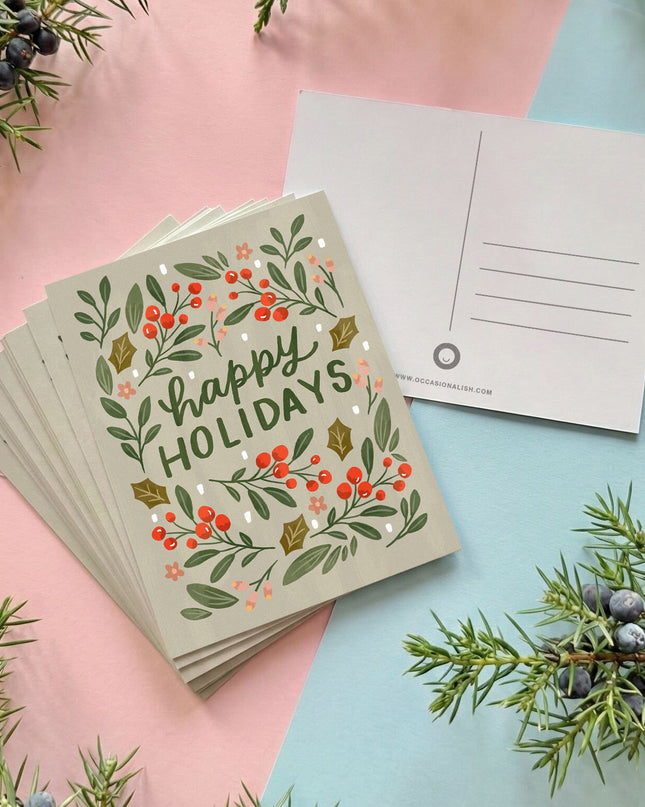 Winter Botanical "Happy Holidays" Postcard Set - Pack of 12